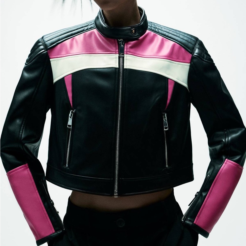 Zara Black and Pink Moto Jacket
